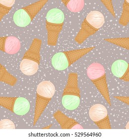 Seamless background of ice cream cones of different colors.