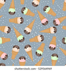 Seamless background of ice cream cones of different colors.