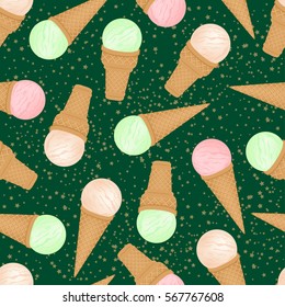 Seamless background of ice cream cones of different colors.