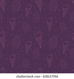 Seamless background with ice cream cones and cupcakes doodles. Repeating pattern in pink and violet color. Seamless vector background