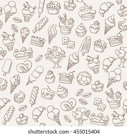 Seamless background with Ice Cream and Dessert  line icons.