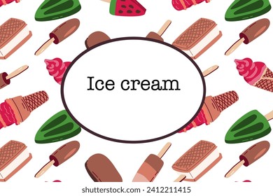 Seamless background of ice cream with different taste and shapes. Cartoon style. 