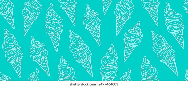 Seamless background with ice cream in waffle cups. Outline drawings of ice cream in cones. Endless background with summer sweets. Linear vector drawing