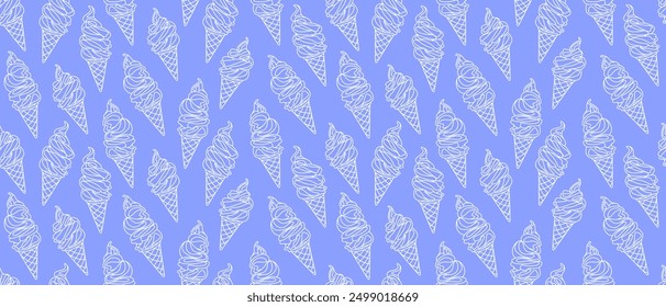 Seamless background with ice cream in waffle cups. Outline drawings of ice cream in cones. Endless background with summer sweets. Linear vector drawing