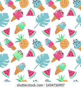 Seamless background with ice cream, watermelon, pineapple and palm leaves. Vector hand drawn flat illustration on white background.