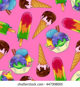 Seamless background with ice lolly with mint, banana and strawberry flavors, ice cream in the cup with sweet syrup and cinnamon sticks and ice cream in the waffle cone with chocolate topping.