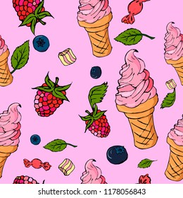 Seamless background with ice-cream and berries