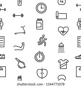 Seamless background with icons of fitness and sport. Vector illustration on the white background.