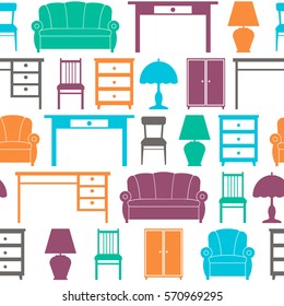 seamless background with icons of furniture. vector pattern. chair, armchair, sofa, cupboard, table lamp, floor lamp, table.