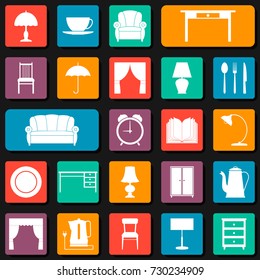 seamless background with icons of furniture. vector pattern. chair, armchair, sofa, cupboard, table lamp, floor lamp, table.