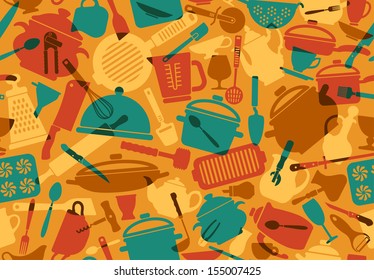 Seamless background with icons of kitchen ware and utensils