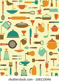 Seamless background with icons of kitchen ware and utensils