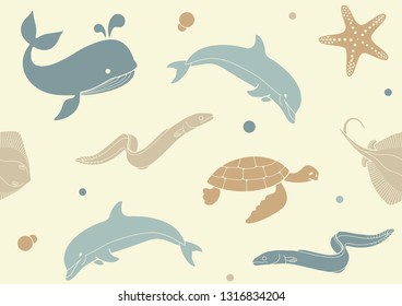 Seamless background with icons of sea inhabitants in flat style. Whale, Dolphin, starfish , turtle