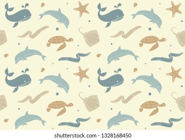 Seamless background with icons of sea inhabitants in flat style. Whale, Dolphin, starfish , turtle