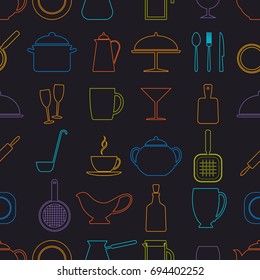 Seamless background with icons of utensils, bright contours on a dark background. Vector illustration. Pattern.