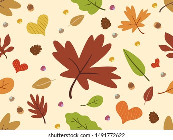 Seamless Background Illustration of Autumn Leaves in Different Shapes and Colors