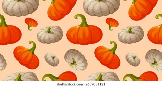 Una ilustración de fondo transparente con una variedad de calabazas de colores brillantes en tonos de naranja y gris sobre un fondo beige, creado en un estilo de Vector encantador.