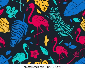 Seamless Background Illustration of Flamingo and Tropical Leaves in Vivid Colors