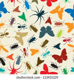 Seamless background illustration with insects in colors