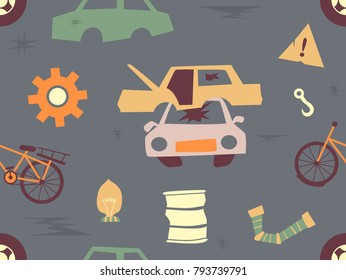 Ilustración de fondo sin inconvenientes de elementos de corral hechos de perros, piezas de coches dañadas y bicicletas