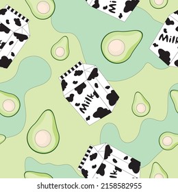 fondo sin costuras, ilustración de la caja de leche y aguacate rebanado en forma de doodle. bello y divertido. color verde. adecuado para el embalaje de bebidas.