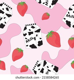 seamless background, illustration of milk box and strawberry fruit in doodle style. beautiful and funny. pink. suitable for beverage packaging.