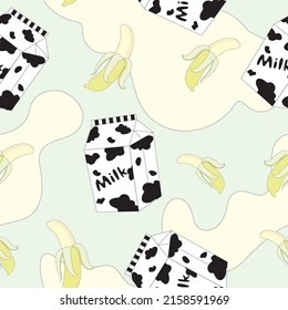 seamless background, illustration of milk box and banana fruit in doodle style. beautiful and funny. pastel yellow. suitable for beverage packaging.