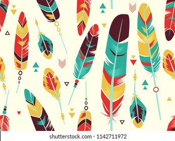 Seamless Background Illustration of Native Tribal Feather Design in Green, Red, Yellow and Brown