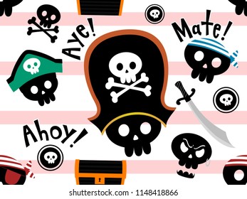 Ilustración de fondo perfecta del capitán del pirata y de las mascotas con el pecho del tesoro y los cráneos