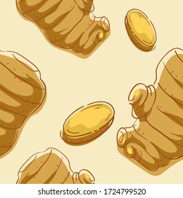 Seamless Background Illustration of Sliced and Whole Ginger, a Root Vegetable