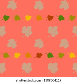 Seamless background illustration for textile decoration, texture pattern with leaves of different colors with leaf elements green, yellow, red, coral, white for colorful packaging
