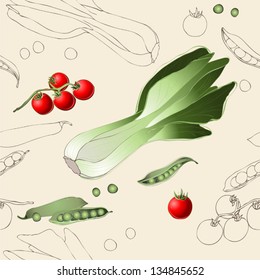 Seamless background. Illustration tomato, spinach, green peas.
