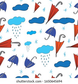 Seamless background with illustration of umbrella, cloud, rain. Pattern baby cloth material
