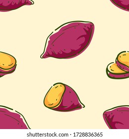 Seamless Background Illustration of Whole and Sliced Sweet Potatoes