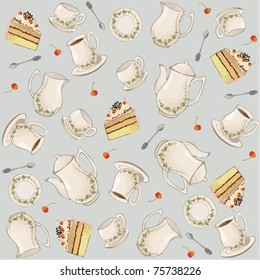 Seamless background.  Illustrations coffee pot,teapot,spoon,plate,cake.