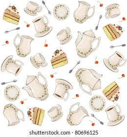 Seamless background.  Illustrations coffee pot,teapot,spoon,plate,cake.