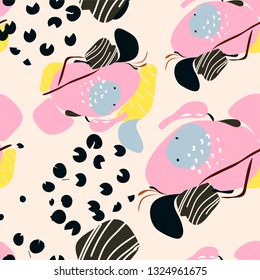 Seamless background with the image of abstract spots, stripes in the style of impressionism on a light background. Spring-summer motives. Vector illustration.