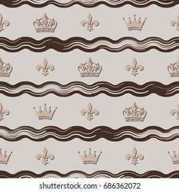 Seamless background with the image of abstract waves, crowns and monograms. For design and decoration.