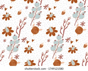 Seamless background image with bright and colored elements. Summer theme pattern with  nature and  forest herbs. Beautiful background.