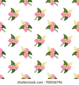 Seamless background image colorful botanic flower leaf plant anthurium pink flamingo flower