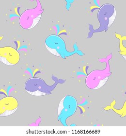 Seamless background with the image of colorful whales. Vector illustration. Pattern. Vector