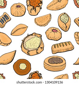 Seamless background with the image of different pastries, pies, buns, fliers, cheesecakes on white. For design and menu of bakery, cafe, restaurant, packaging.