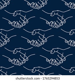 Seamless background with the image of a handshake. Line graphics on a blue background. Vector illustration