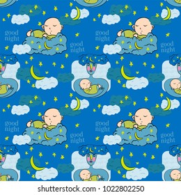 Seamless background. The image of night with the baby on hands. The child sleeps. Caring hands protect the newborn's dream. Vector.