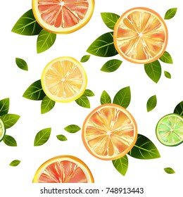 Seamless background with the image of orange, lime, limon and grapefruit on a white background.