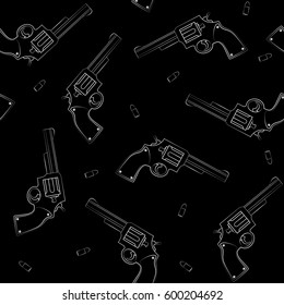 Seamless background with the image of a silhouette of a pistol and a bullet. Vector illustration. Simple seamless background.