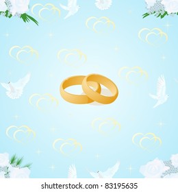 Seamless background with an image of wedding rings, white doves and a bouquet of flowers on a blue background.