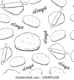 Seamless background with the image of yeast dough, rolled out dough on white. hand lettering - dough. For design and menu of bakery, cafe, restaurant. Coloring.