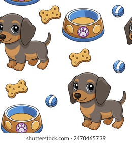 Seamless background of images of a dachshund puppy, a cookie, a ball and a bowl on a white background. Can be used for printing T-shirts, designing children's clothing, invitations to children's parti