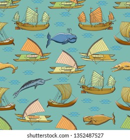 Seamless background of images of sea animals and vintage ships.